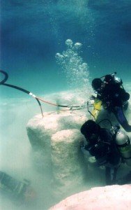 A stromatolite is excavated using 'tools of the trade' from Adderly Cut, Exumas, Bahamas. Photo by R. Ginsburg 2000.